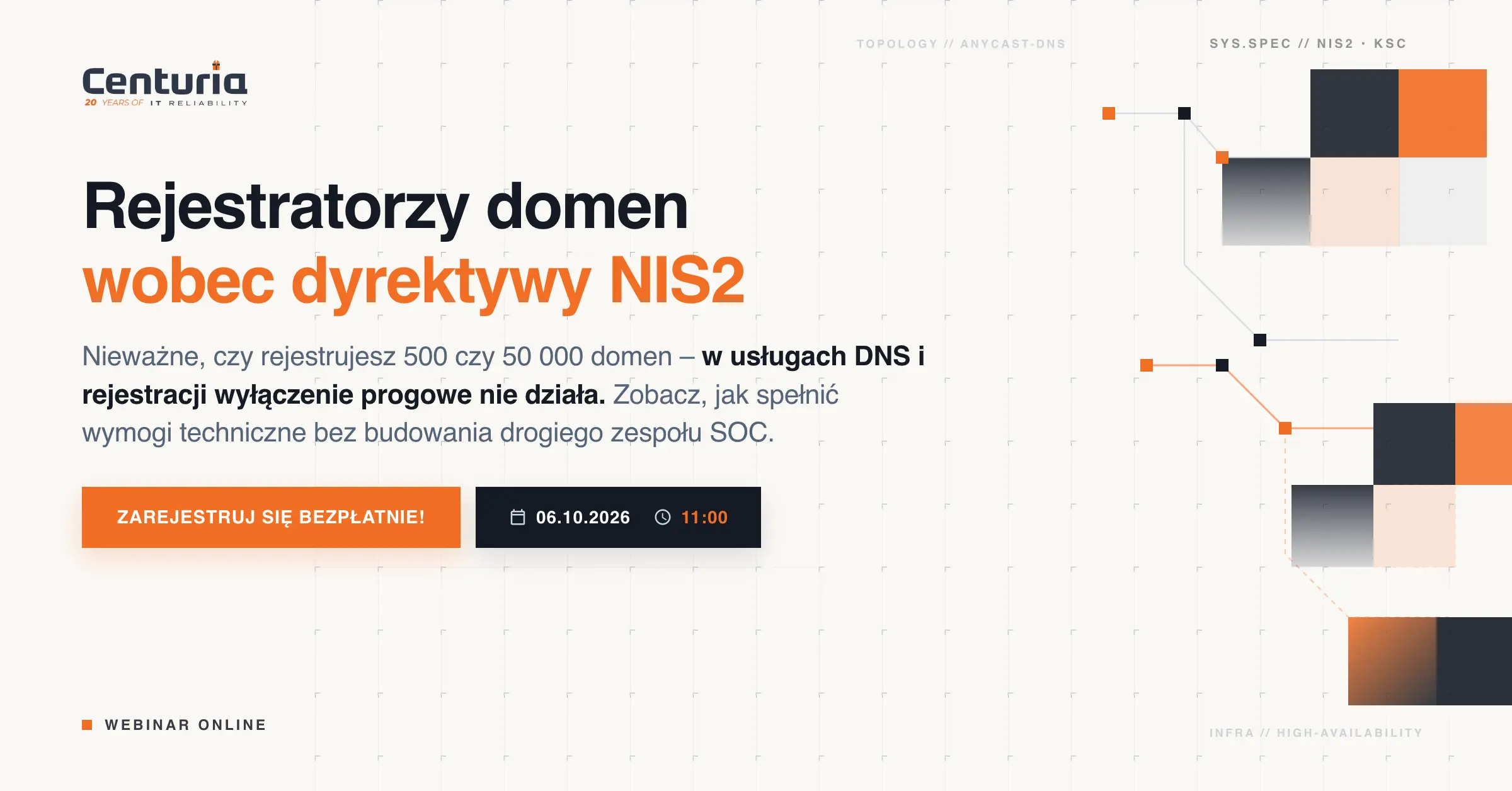 Baner do zapisu na webinar Centurii w temacie NIS2 dla rejestratorów domen